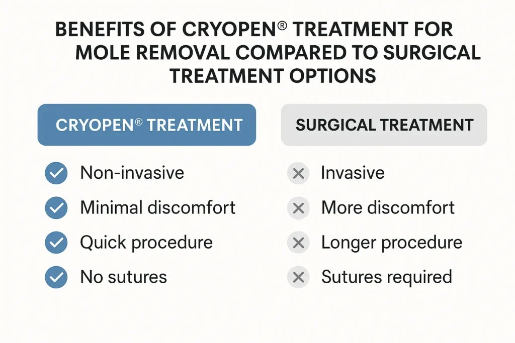 Table to show the benefits of getting moles removed Byfleet from LA LIPO
