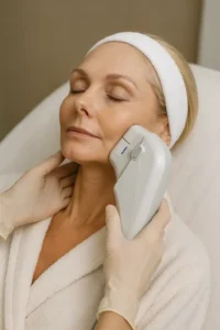 Woman receiving HIFU non surgical facelift treatment Byfleet