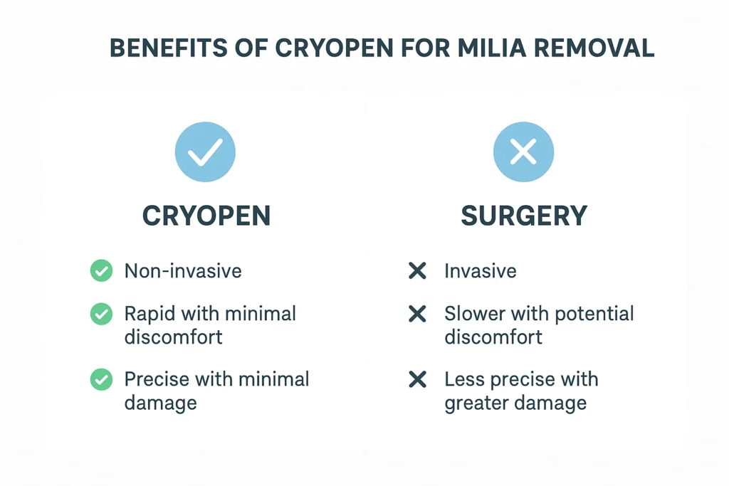 Benefits of cryopen for milia removal Byfleet compared to surgical treatments.