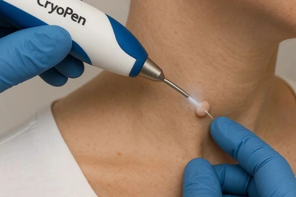 Person receiving Cryotherapy skin tag removal Byfleet