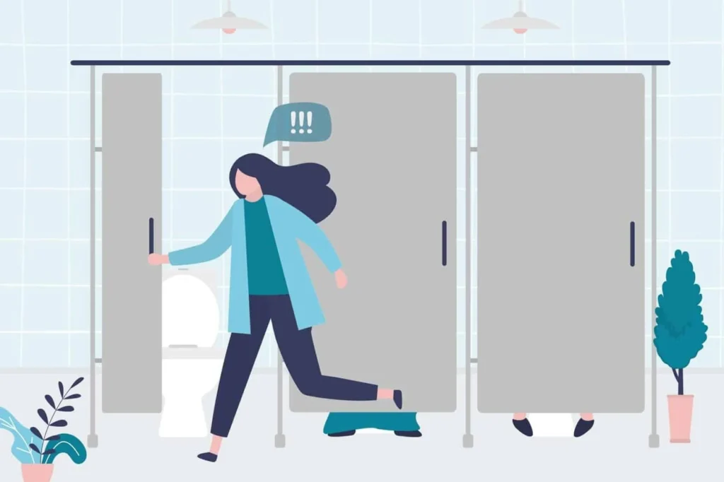 graphic of Urine incontinence Byfleet woman running to the toilet.