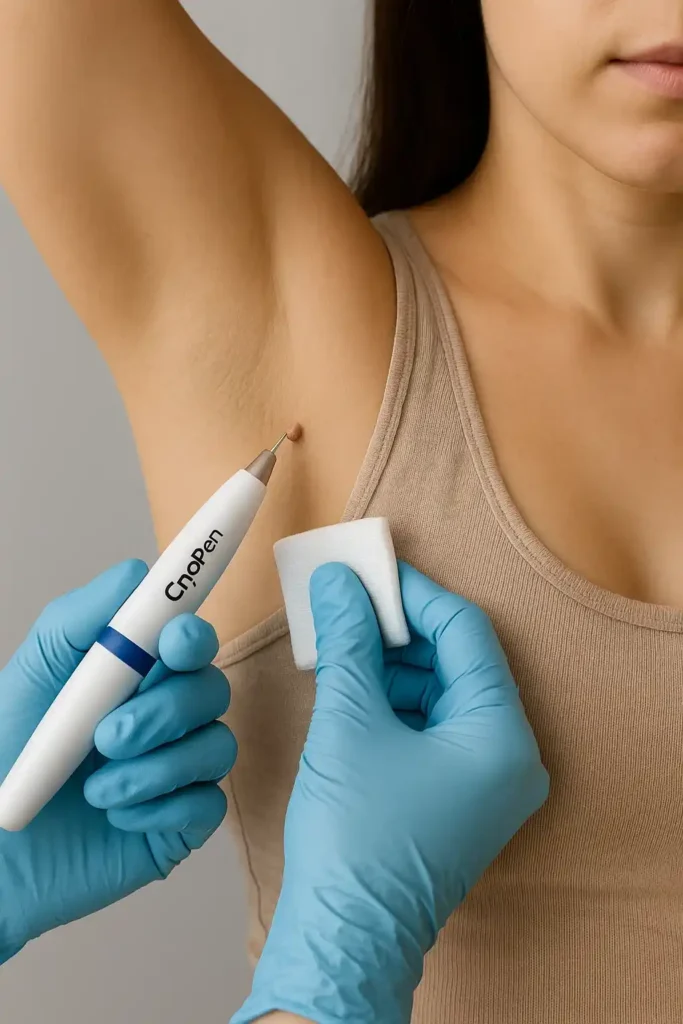 woman having cryopen to remove underarm skin tags Byfleet