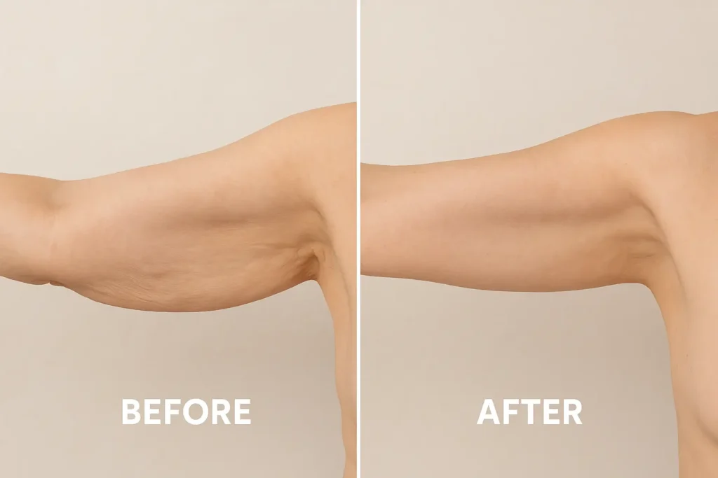 Picture of LA LIPO Byfleet before and after results of skin tightening treatment on the upper arms.