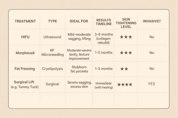 Table showing the comparisons of Skin tightening Byfleet treatment options. 